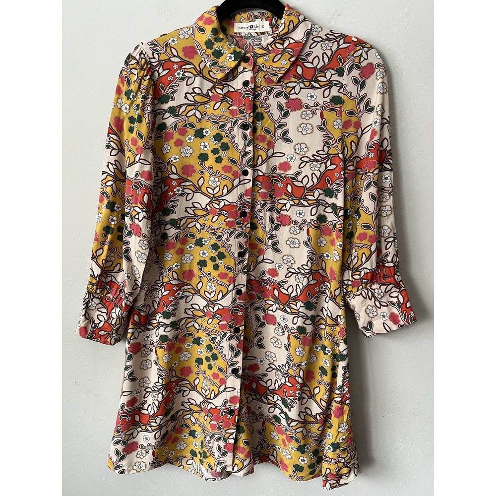 Natural Life Shirt Size Small Yellow Floral Colorful Button Down Tunic Top